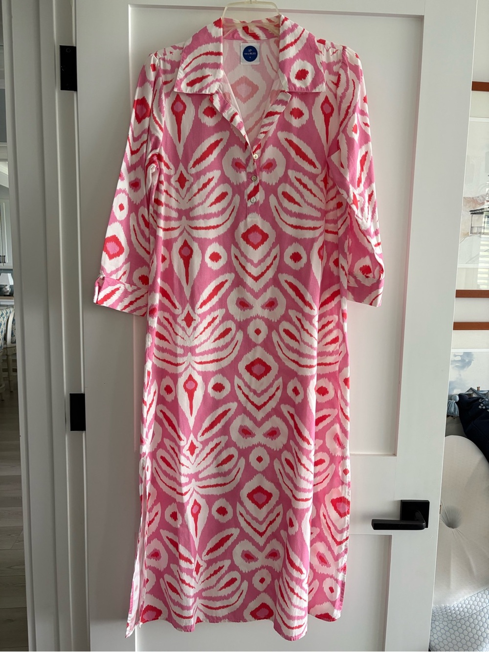 Pink Patterned Collared Maxi Dress with Three-Quarter Sleeves Size Small